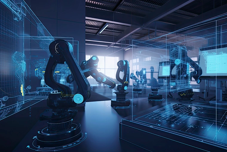 AI Computer aided manufacturing M2M automation technology industry 4.0 engineering, 3D robot teamwork working meeting in factory futuristic metaverse cyber digital world